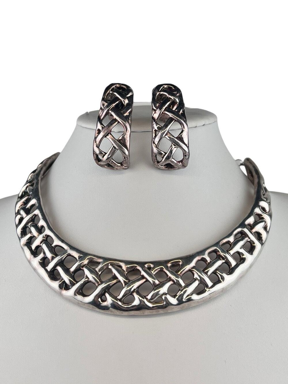 Bat Ami Vintage Eletroform Modernist Lattice Sterling Silver Necklace & Earrings